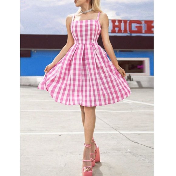 . Dresses & Skirts - Plaid Gingham Pleastred Cami Dress Barbie Barbiecore Pink
